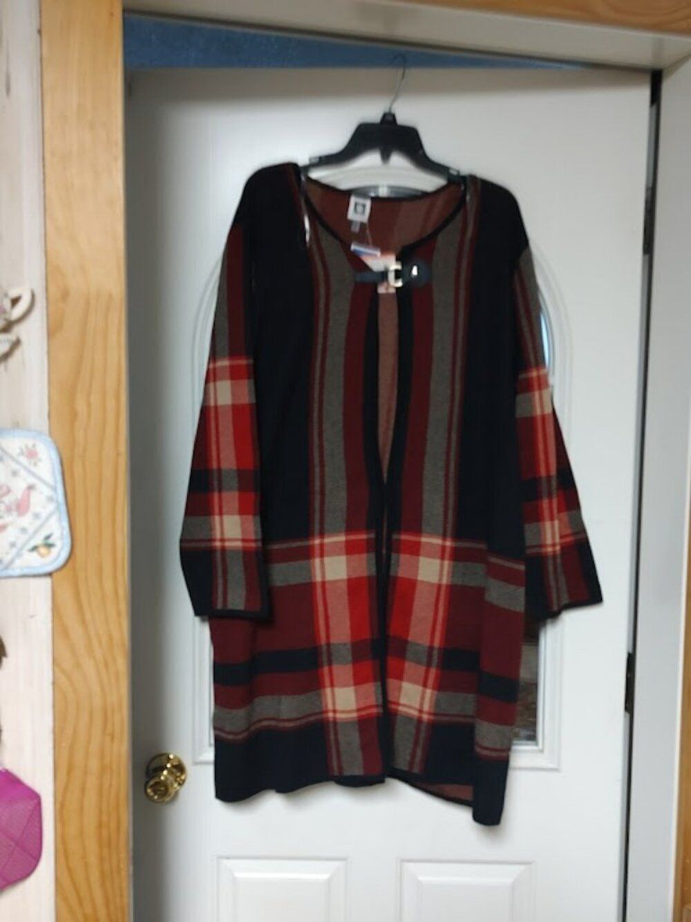 New Anne Klein Red Plaid Buckle Neck Longline Knit Cardigan Women's 3X